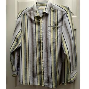 Tommy Bahama Size Large Cotton Silk Blend Blue Yellow Striped Button Down Shirt